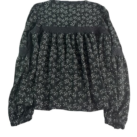 Brave Soul London Womens Large Black Floral Boho Peasant Blouse Lace Trim Sheer - Picture 2 of 7